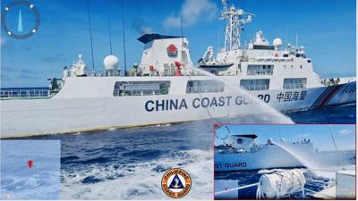 A ship uses a water cannon against Philippine Coast Guard vessels in the South China Sea in this handout photo released on August 6, 2023 [Handout: Philippine Coast Guard via Reuters]